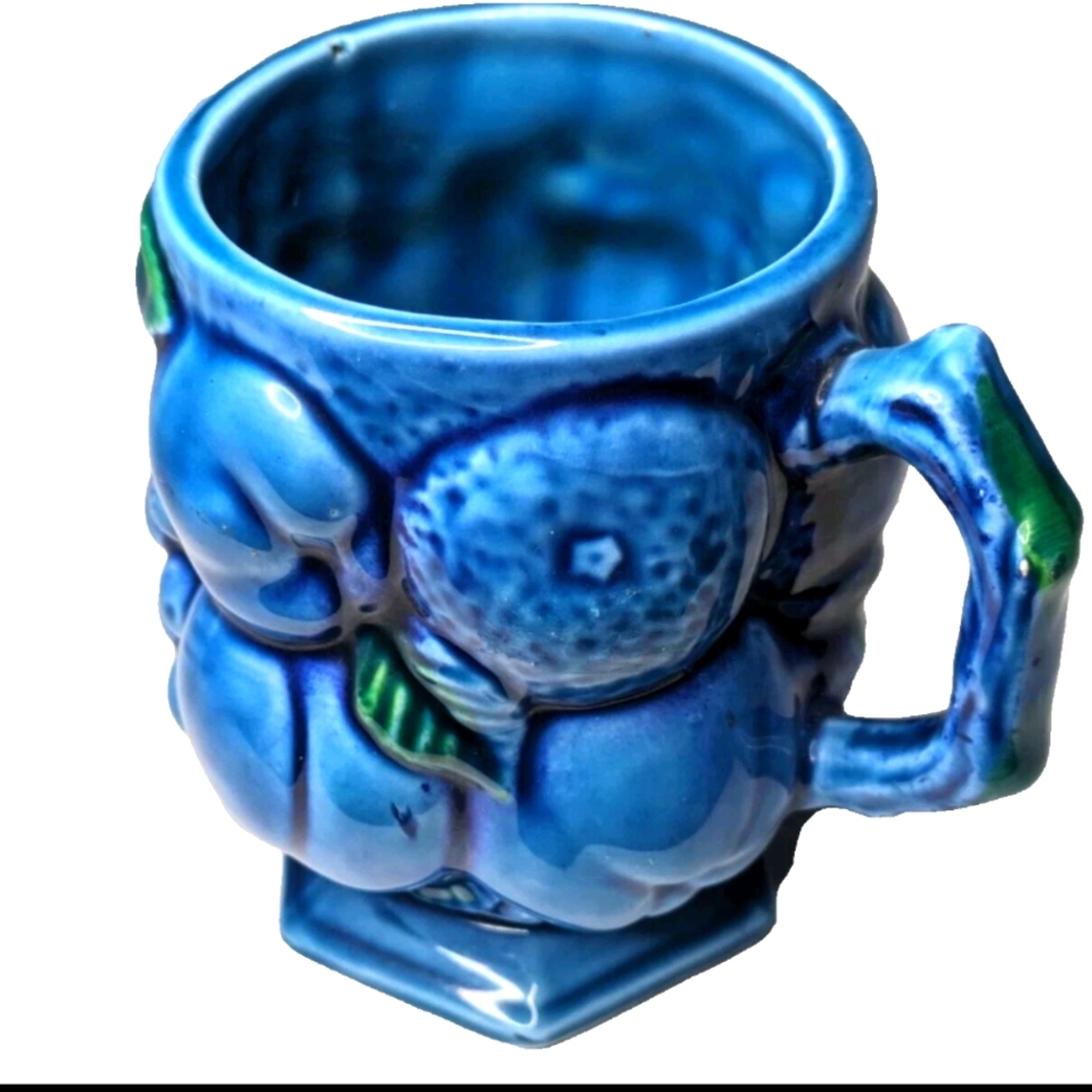 Vintage 60's Inarco Blue Ceramic Mug with Green Accents Made In Japan